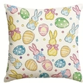 Easter throw pillow case featuring cute bunny and colorful eggs on linen fabric - Easter Rabbit With Decorated Eggs (DYM461-4)