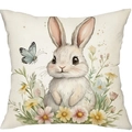Federa per cuscino pasquale con coniglio vintage e fiori stampati ad acquerello - 45*45cm Lino Solo Fronte Senza Imbottitura / Stile Simpatico Coniglio E Farfalla (DYM462-1)