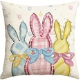Easter pillow cover with retro hand-drawn plaid rabbits and bowties on linen texture - Three Plaid Rabbits (DYM461-1)