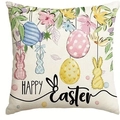 Easter pillow cover with cute bunny, colorful eggs and Happy Easter typography print - Happy Easter Hanging Eggs (DYM461-2)