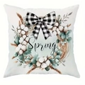 Vierkante kussensloop voor de lente met katoenen krans en geruite strik detail - 45x45 Kort Pluche Enkelzijdig Zonder Kern / Lente Krans Stijl (CDR451-4)