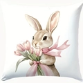 Pasen decoratieve kussensloop met aquarel konijn en roze tulpen op wit canvas textiel - Konijn met Tulpen Patroon (CDR450-1) / Enkelzijdige Afdruk Zonder Vulling