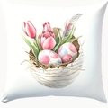 Pasen kussensloop met aquarel konijn, eieren en tulpen op een witte achtergrond - Eieren in Vogelnest Patroon (CDR450-3) / Enkelzijdige Afdruk Zonder Vulling