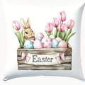 Paaskussenhoes met een konijntje, kleurrijke eieren en tulpen op witte achtergrond - Konijn en Mand Patroon (CDR450-4) / Enkelzijdige Afdruk Zonder Vulling