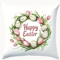 Paas kussensloop met Happy Easter tekst en een kleurrijke krans van tulpen bloemen - Paaseierenkrans Patroon (CDR450-2) / Enkelzijdige Afdruk Zonder Vulling