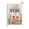 Dettaglio bandiera da giardino in lino con testo hello SPRING e motivo floreale di tulipani - Tulipani Colorati e Farfalle (HYQ97-4)