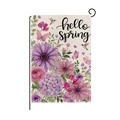 Detail of hello spring garden flag showing high-quality linen texture and floral prints - Mixed Spring Flowers Theme (HYQ97-5)