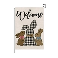 Detail of linen Easter garden flag showing cute rabbits and Welcome script on high texture - Three Checkered Bunnies (HYQ98-5)