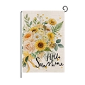 Detailed view of Hello Sunshine garden flag with sunflower bouquet and metal stand - Hand Painted Warm Tone Bouquet (HYQ97-6)