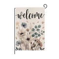 Detail of linen garden flag with watercolor flowers, welcome script and metal stand - Vintage Watercolor Flowers (HYQ97-7)