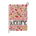 Close-up of floral garden flag with welcome text and honeybee details on white background - Pink Background Mixed Flowers (HYQ97-8)