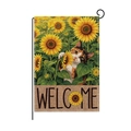 Detailed close-up of linen garden flag with sunflower calico cat and Welcome text - Calico Cat and Sunflowers (HYQ97-9)