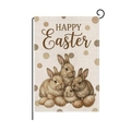 Close-up of Happy Easter garden flag featuring cute rabbits, eggs and burlap texture - Four Bunnies Eggs Polka Dot (HYQ98-9)