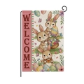Detailed view of linen Easter garden flag with cute rabbit eggs print and welcome text - Pink Welcome Bunny Egg (HYQ98-10)