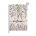 Close-up of linen garden flag with watercolor lavender and metal hanging bracket - Watercolor Lavender Theme (HYQ97-16)