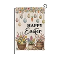 Detailed fabric texture of Happy Easter garden flag featuring bunnies and spring eggs - Black Happy Easter Basket Bunny (HYQ98-14)