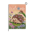 Detail of hedgehogs with flowers and Welcome text on a textured garden flag fabric - Hedgehog Illustration Theme (HYQ97-12)