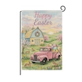 Detail of Happy Easter garden flag showing vintage pink truck and bunny with egg prints - Pink Truck Bunny Eggs Farmhouse (HYQ98-18)
