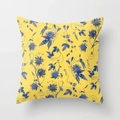 Detail of yellow throw pillow cover with dark blue watercolor floral patterns - 18x18 Inch / Yellow Base Dark Blue Watercolor Floral Style (DRD12-7)