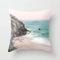 Close-up of a square peach skin pillowcase featuring a coastal beach landscape print - Reef Waves Scenery Style (DRD18-4)