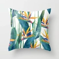 Close-up of bird of paradise tropical leaf watercolor print on square peach skin pillowcase - 18x18 Inch / Bird of Paradise Art Illustration (DRD22-15)
