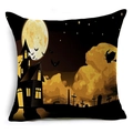 Housse de coussin Halloween en lin avec maison hantée, pleine lune et sorcière - Style Silhouette Sorcière Sur Balai Château de Nuit (YMDW3-10) / 45x45 cm