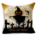 Dettaglio federa in lino Halloween con stampa spaventapasseri Trick or Treat - Stile Silhouette Spaventapasseri Zucca Luna Arancione (YMDW3-6)