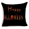 Detail of black linen Halloween pillowcase with Happy Halloween text and pumpkin face - Black Background Jack-o'-lantern Text Design Style (YMDW3-5)
