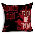 Detail view of Halloween linen pillowcase featuring red Trick or Treat text and pumpkin motifs - Black Background Red Text Castle Style (YMDW3-4)
