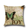 Linen butterfly pillow cover with pink flowers, vintage JOY design on white background - 45x45cm / JOY Green Butterfly Style (YMD3-6)