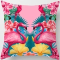 Détail de l'imprimé flamant tropical sur une housse de coussin en peau de pêche - 45x45 cm / Style Double Flamant Hibiscus (DRD34-6)
