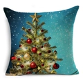 Linen Christmas tree pillow cover with colorful ornaments and gold star on blue background - Blue Green Gradient Decorated Tree (YMDS3-2)