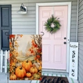 Detail of harvest garden flag with pumpkin and maple leaf patterns on a linen texture - Hyqt51-15