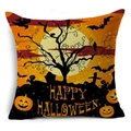 Close-up of square cotton linen Halloween pillowcase with Happy Halloween text and bat design - Bat Pumpkin (YMDW2-14)
