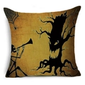Detail view of linen Halloween pillowcase with skeleton and spooky tree silhouette - Skeleton Musician (YMDW2-12)