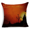 Detailed texture of square Halloween pillowcase with haunted castle and pumpkin design - Graveyard Castle (YMDW2-11)