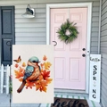 Artistic autumn garden flag with colorful birds and maple leaves on a black metal hanger - Autumn Bird (HYQT51-17)