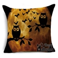 Close-up of linen Halloween pillow cover with owl silhouette and Happy Halloween text - Owl Moon Night (YMDW2-7)