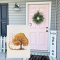 Garden flag with autumn tree and bench design on a burlap texture for outdoor decor - Hyqt51-19