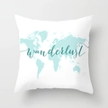 Detailed close-up of wanderlust world map print on geometric polyester cushion cover - Blue White World Map (DRD40-10)