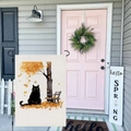 Garden flag featuring black cat among autumn maple leaves and pumpkins on porch - Autumn Black Cat (HYQT51-21)