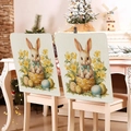 Easter chair cover with bunny and egg print on rustic linen for festive dining decoration - Brown Rabbit with Blue Bow (TYTDR114-18)
