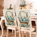 Osterhasen Stuhlhussen Set 2-teilig mit blauem Blumenmuster aus Leinen für Dekoration - 49*58cm / Vintage Korb Blumen Eier Druck (TYTDR116--1)