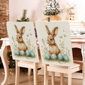 Set of 2 Easter chair back covers with blue floral rabbit and egg prints on linen fabric - 49*58cm / Easter Bunny Blue Eggs Print (TYTDR116-9)