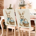 Easter bunny floral chair covers in beige linen fabric with blue bow tie design - 49*58cm / Bunny Ribbon Egg Basket Print (TYTDR116-10)