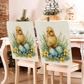 Linen Easter chair cover set featuring a cute yellow chick and blue egg pattern - 49*58cm / Yellow Chick Blue Eggs Floral Print (TYTDR116-15)