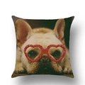 Leinen-Kissenbezug mit süßer Französischer Bulldogge und roter Herzbrille Motiv - 45x45 cm / Französische Bulldogge mit Brille (YMD38-18)