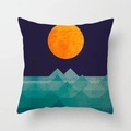 Detail view of square pillowcase with minimalist geometric sunrise art print design - Abstract Mountain Sunset (DRD33-1)