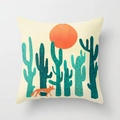 Detailed view of square pillow with modern sun and cactus illustration on beige fabric - Nordic Cactus Fox (DRD33-5)
