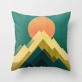 Macro detail of decorative square pillow with modern abstract mountain sunrise pattern - Deep Cyan Mountain Landscape (DRD33-7)